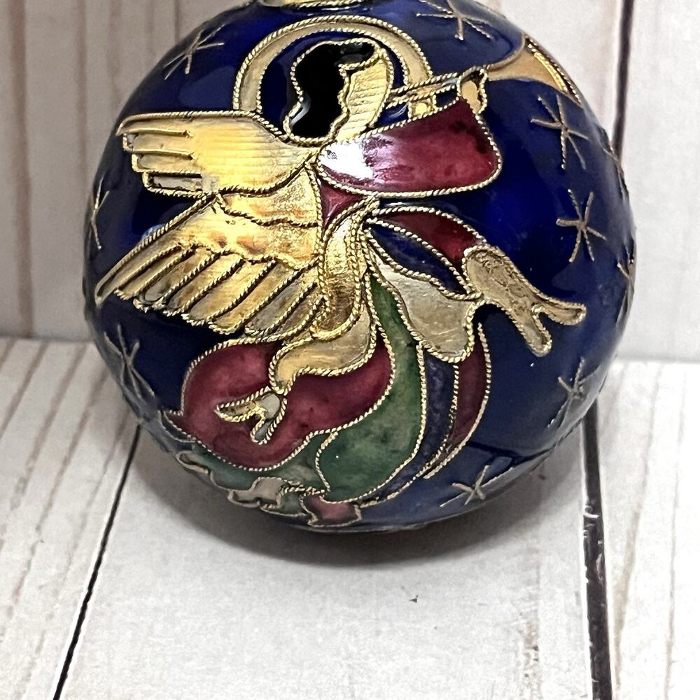 Vintage Cloisonne Trumpeting Angels Christmas Ornament Blue & Gold No Box